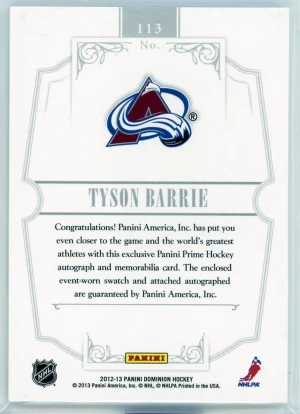 Tyson Barrie 2012-13 Panini Dominion Rookie Patch Auto 14/99 Avalanche back